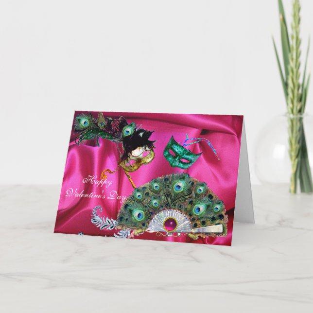 VALENTINE DAY MASQUERADE MASKS,PEACOCK FEATHER FAN HOLIDAY CARD (Front)