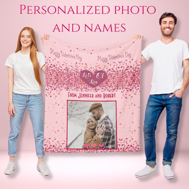 Valentine Day Personalized Photo Pink Hearts Fleece Blanket (Lots of love couple Personalized Photo Pink Hearts Fleece Blanket)