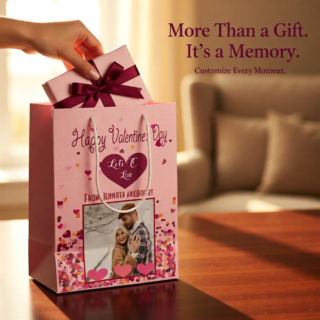 Valentine Day Personalized Photo Pink Hearts Medium Gift Bag (Personalized Pink Hearts Photo Valentine Medium Gift Bag)