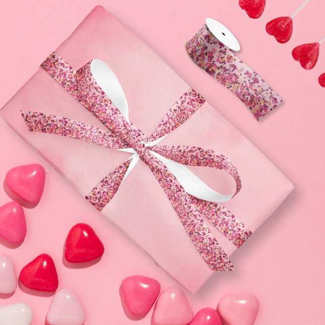 Valentine Day  Pink Hearts Satin Ribbon (Elegant Valentine Day Pink Sparkly Hearts Satin Ribbon)