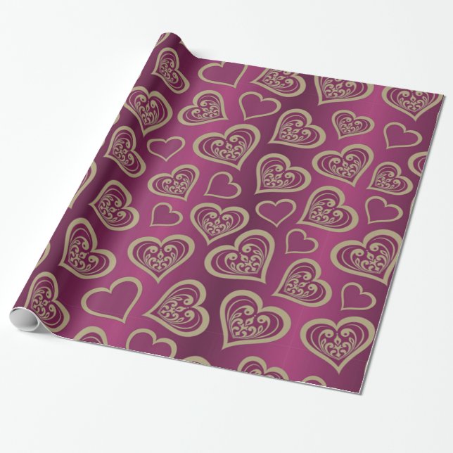 Valentine Day Purple n Brown Hearts Wrapping Paper (Unrolled)