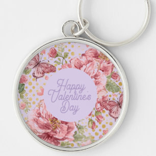 Valentine Days,Elegant,Purple Peach Flowers Patter Key Ring