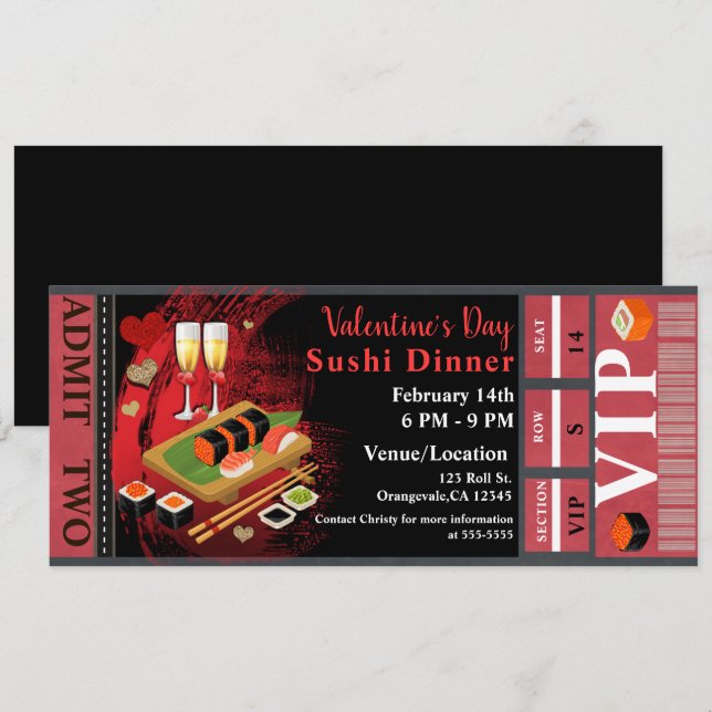 Valentine Dinner Black Red Sushi Party VIP Ticket Invitation (Front/Back)