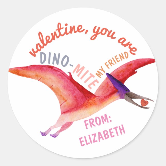  Valentine Dino-Mite Watercolor Pink Pterosaur  Classic Round Sticker (Front)