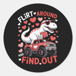 Valentine Dinosaur Monster Truck Flirt Around And Classic Round Sticker