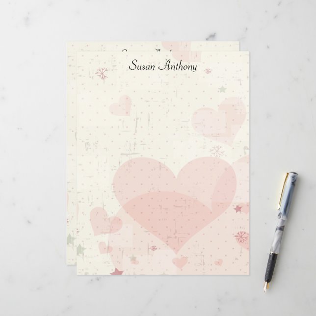 Valentine Distressed Pink Hearts Stationary Paper (Front/Back In Situ)