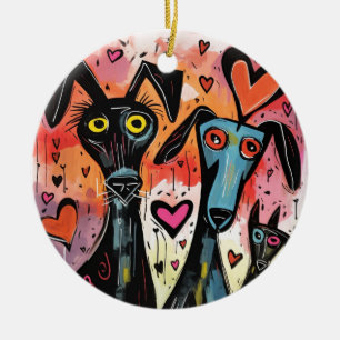 Valentine Dogs And Hearts Ceramic Tree Decoration