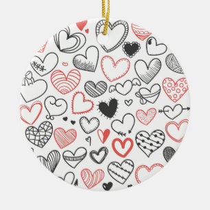 Valentine doodle hearts red and black hipster ceramic tree decoration