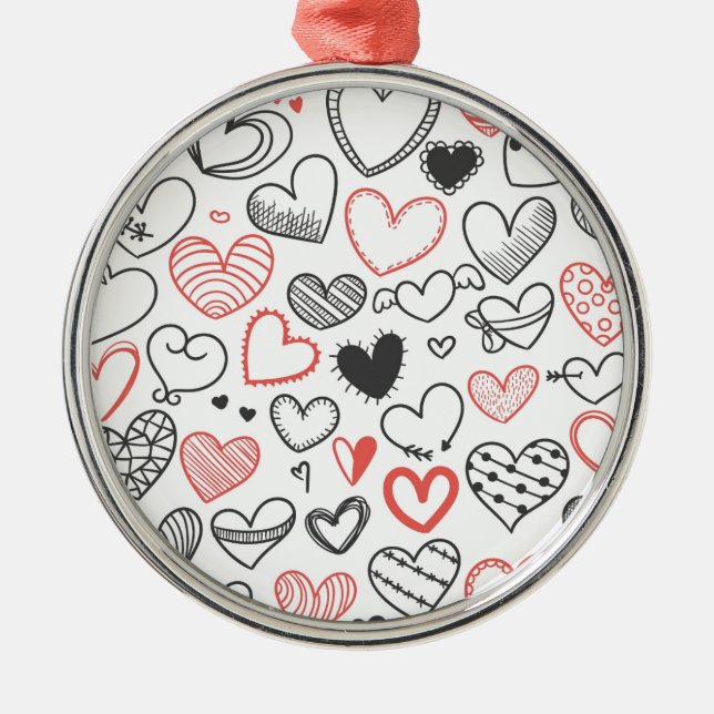 Valentine doodle hearts red and black hipster metal tree decoration (Front)