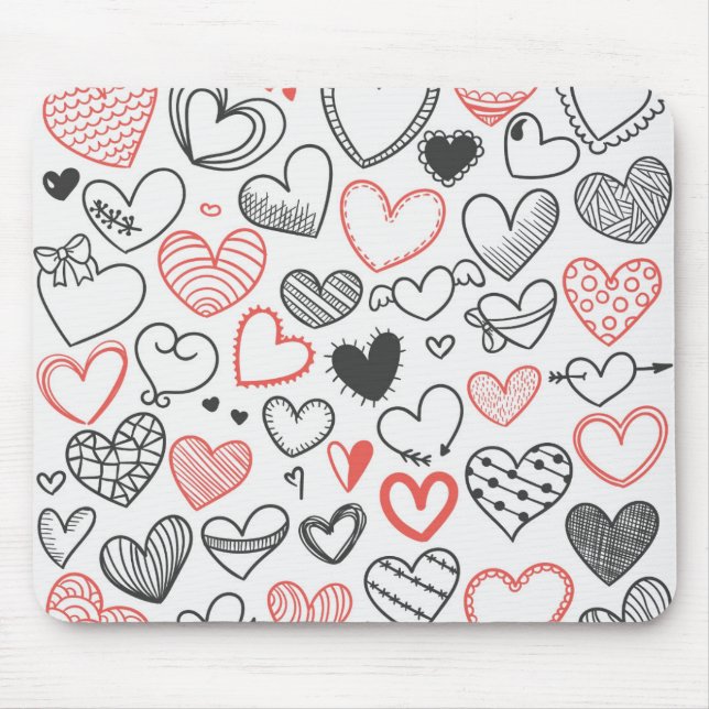 Valentine doodle hearts red and black hipster mouse mat (Front)