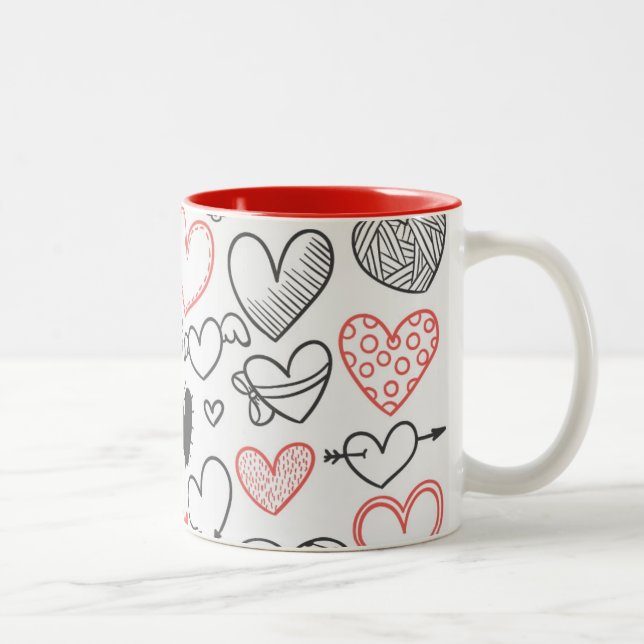 Valentine doodle hearts red and black hipster Two-Tone coffee mug (Right)