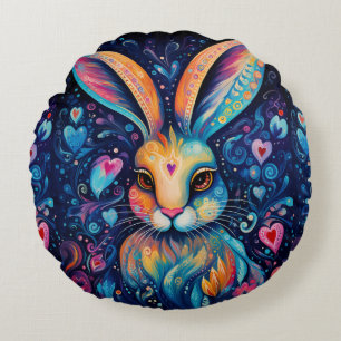 Valentine Dream Hearts: Rainbow Doodle Bunny Round Cushion