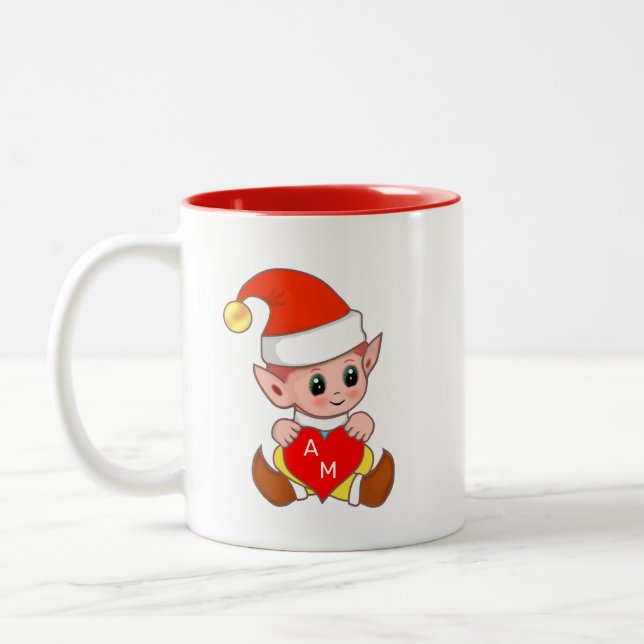 Valentine Elf with Heart & Monogram Two-Tone Coffee Mug (Left)