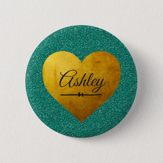 Valentine Emerald Glitter Gold Heart Custom Name 6 Cm Round Badge (Front)