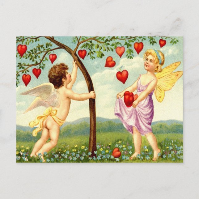Valentine Fairy and Cherub Gathering Hearts Holiday Postcard (Front)