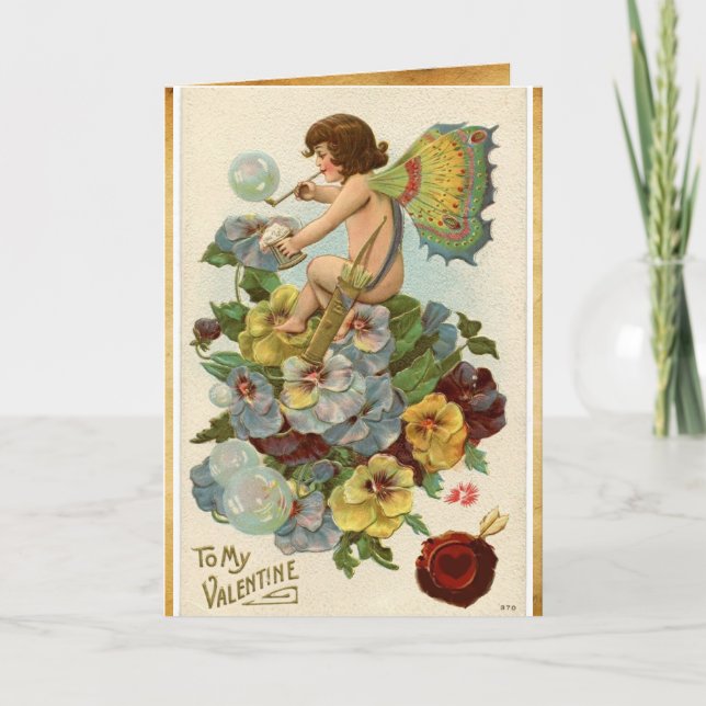 VALENTINE FAIRY BLOWING BUBBLES,PANSIES,WAX SEAL HOLIDAY CARD (Front)