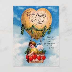 Valentine Fairy in Heart Shaped Hot Air Balloon Holiday Postcard