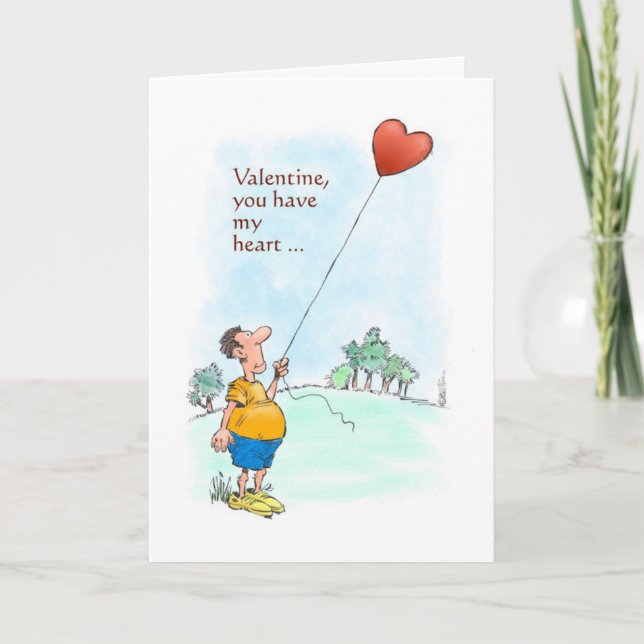 Valentine fellow sailing a helium heart cartoon holiday card (Front)