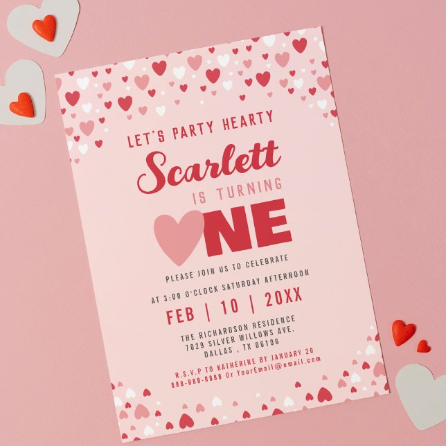Valentine First Birthday Party Cute Pink Red Heart Invitation (Creator Uploaded)