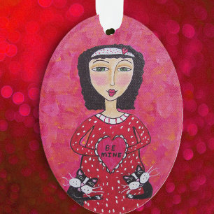 Valentine Folk Art Lady Heart Black Cats Love Ornament