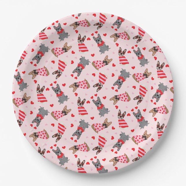 Valentine French Bulldogs Paper Plate (Front)