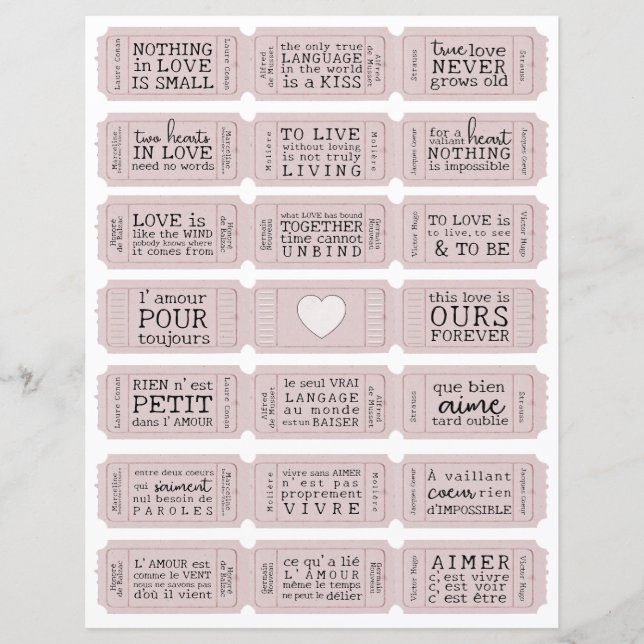 Valentine French Love Quote Cut Out Tickets (Front)