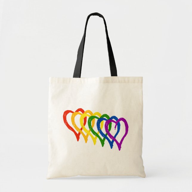 Valentine Gay Pride Rainbow Flag Layered Hearts Tote Bag (Front)