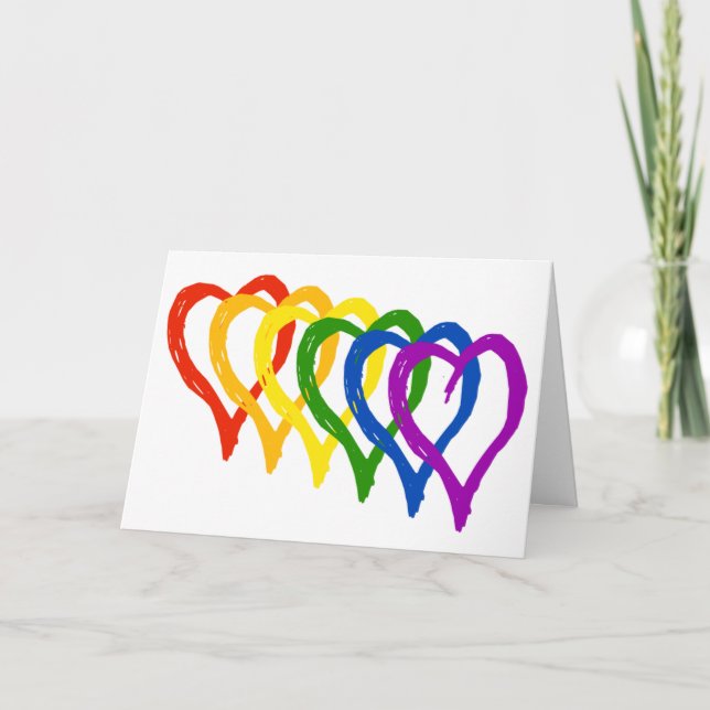 Valentine Gay Pride Rainbow Layered Hearts Holiday Card (Front)