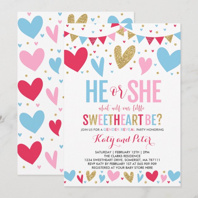 Valentine Gender Reveal Party Sweetheart Reveal Invitation (Front/Back)