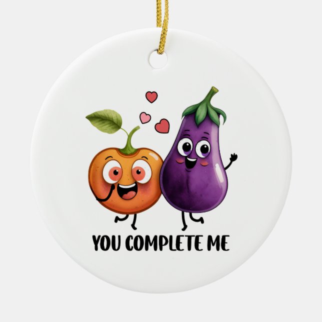 Valentine Gift Eggplant You Complete Me Ceramic Tree Decoration (Front)