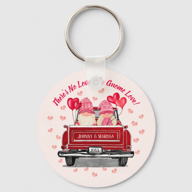 Valentine Gnome Love Pink Hearts Names Coaster Key Ring (Front)