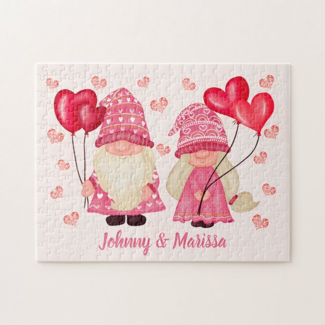 Valentine Gnome Love Quote Pink Red Hearts Couple  Jigsaw Puzzle (Horizontal)