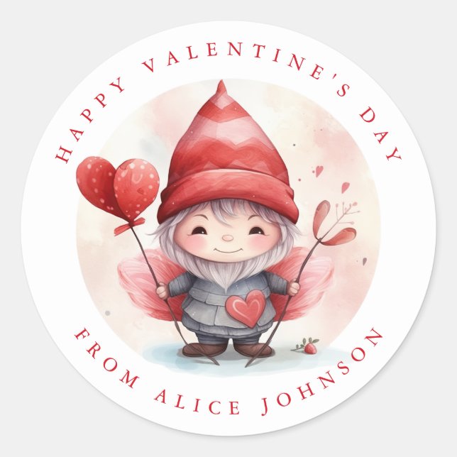 Valentine Gnome Personalised Name Round Stickers (Front)