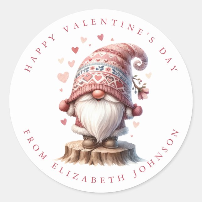 Valentine Gnome Personalised Name Round Stickers (Front)