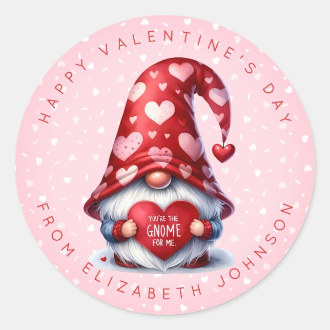 Valentine Gnome Personalised Name Round Stickers (Front)