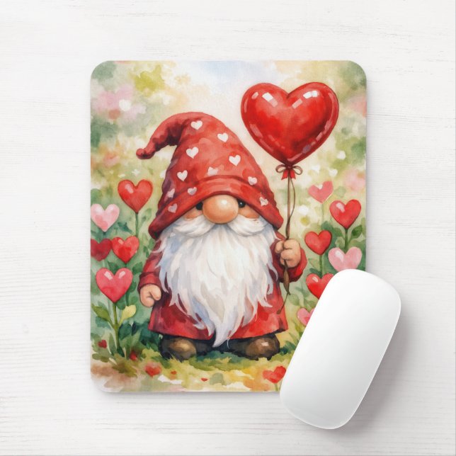 Valentine Gnome with Red Heart Balloon Mouse Mat (With Mouse)