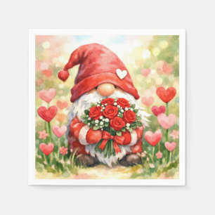 Valentine Gnome with Red Rose Bouquet Napkin