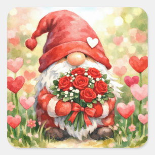 Valentine Gnome with Red Rose Bouquet Square Sticker