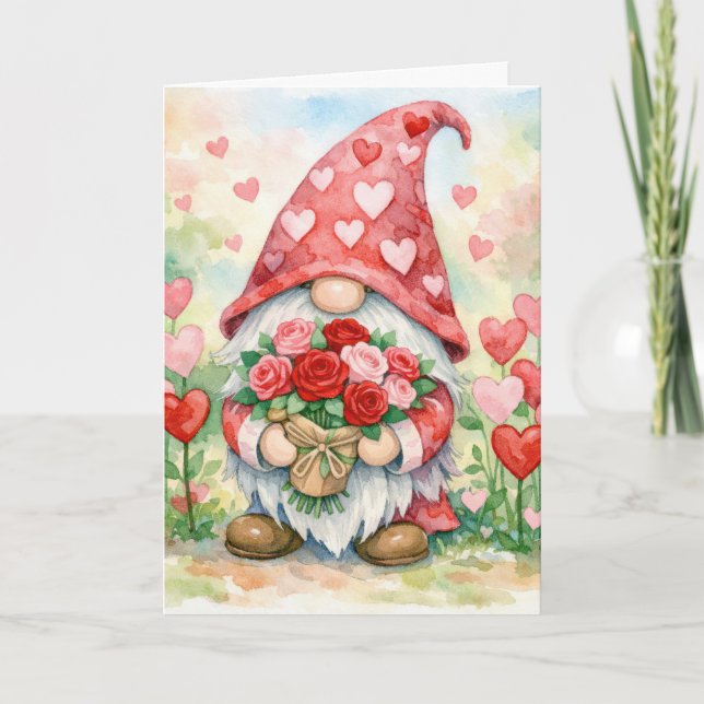Valentine Gnome with Red Roses Card (Front)