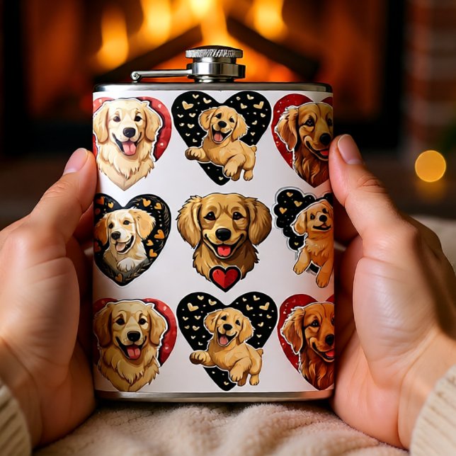 Valentine Golden Retriever Dog Hip Flask (Golden Retriever Love Hearts Valentine Flask)