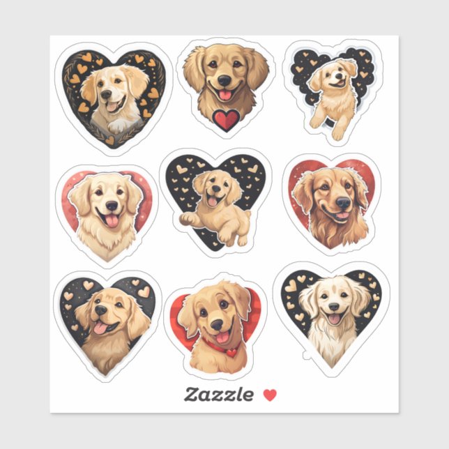 Valentine Golden Retriever Dog set of 9 stickers (Sheet)
