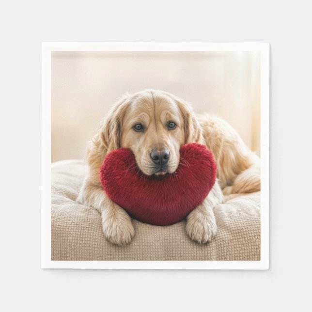 Valentine Golden Retriever with Heart Pillow Napkin (Front)