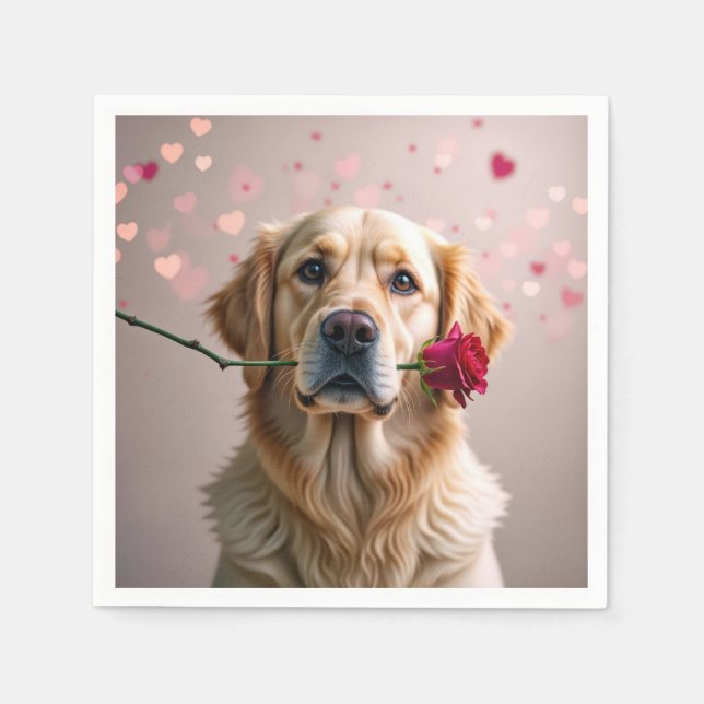 Valentine Golden Retriever With Red Rose Napkin (Front)
