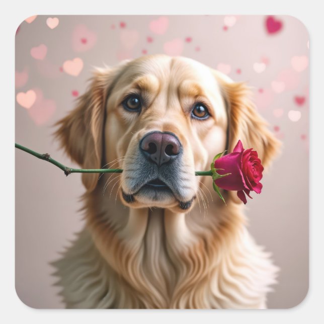 Valentine Golden Retriever With Red Rose Square Sticker (Front)