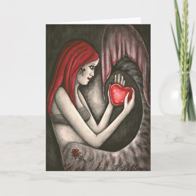 Valentine Gothic Mermaid with Heart  Greeting Card (Front)