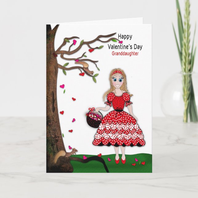 Valentine Granddaughter Girl Collects Hearts Tree Card (Front)