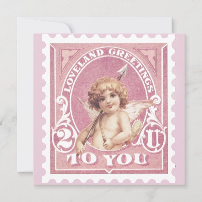 Valentine Greeting Cupid Pink Stamp Valentines Day Holiday Card (Front)