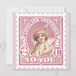 Valentine Greeting Cupid Pink Stamp Valentines Day Holiday Card