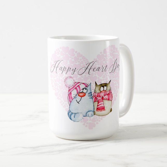 Valentine - Happy Heart Day Cartoon Cat Heart Coffee Mug (Front Right)