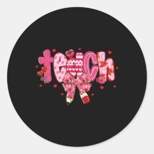 Valentine Happy Teacher Coquette Pencil Bow Girl W Classic Round Sticker
